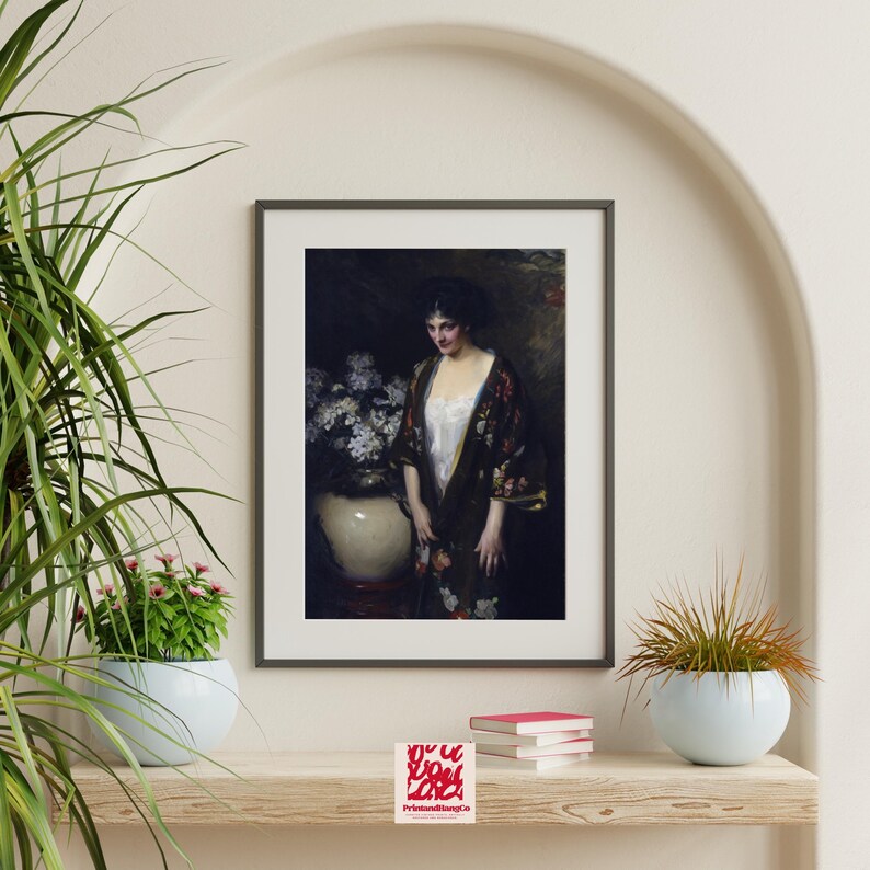 Vintage Woman Portrait Printable – Floral Kimono Oil Painting Wall Art ...