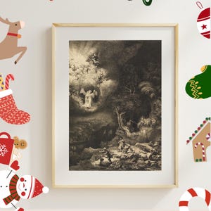 De engel die aan de herders verschijnt – Rembrandt-etsreproductie | Barokke religieuze kunst print digitale download
