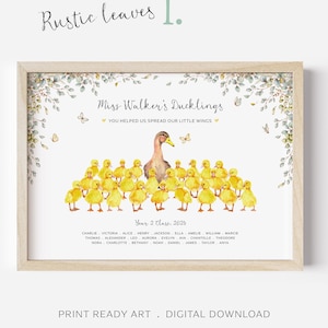 Könnte beinhalten: Ein gerahmter Druck mit einer Aquarellillustration einer Entenmutter und zahlreichen gelben Entenküken. Der Text "Miss Walker's Ducklings" und "You helped us spread our little wings" sind zu sehen. Der Druck enthält eine Namensliste und den Text "Year 2 Class, 2025".