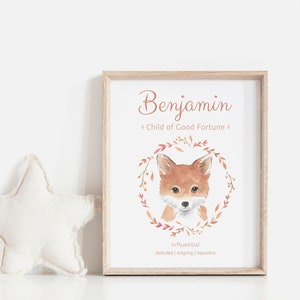 Personalisierte Namensbedeutung Druckbare Wandkunst, Baby Waldtiere, Baby Geschenk, Namensbedeutung Druck, Name Charaktereigenschaften | DIGITALER DOWNLOAD