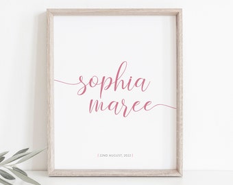 MODERN Script Personalised NAME Printable Wall Art Nursery Room Decor | Girls Birth Print | Birth Details | Birth Meaning | Digital Download