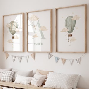 Arte de pared imprimible personalizado para niños, impresión de nombres de niños, globos aerostáticos verdes, decoración de habitación para niños con estrellas y luna, DESCARGA DIGITAL