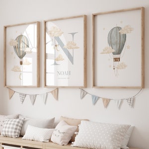 Arte de pared imprimible personalizado para niños, impresión de nombres de niños, globos aerostáticos azules, decoración de habitación para niños con estrellas y luna, DESCARGA DIGITAL