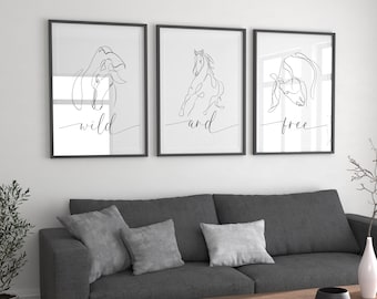 Horse Line Drawing Printable Wall Art: Set of 3 (Instant Download)