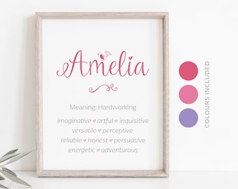 AMELIA Name Meaning Printable Wall Art, Character Traits, Strengths, Talents | Name Numerology Meaning INSTANT DOWNLOAD