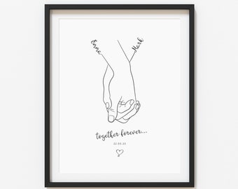 Personalised Couples Printable Wall Art | Couple Holding Hands Art, Hand in Hand, Couples Print, Anniversary Print | Digital Download