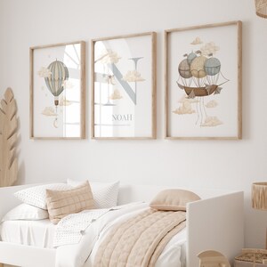 Arte de pared imprimible personalizado para niños, impresión con nombre de niño, barco, velero, globo aerostático azul, castillo, decoración de habitación infantil, DESCARGA DIGITAL