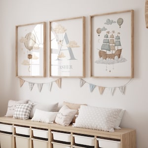 Arte de pared imprimible personalizado para niños, barco, velero, globo aerostático, castillo, juego de 3, decoración de habitación infantil, decoración de sala de juegos, DESCARGA DIGITAL