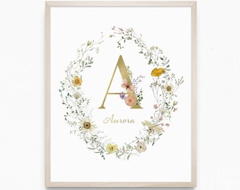 WILDFLOWERS MONOGRAM WREATH Personalised Letter Name Printable Wall Art | Gold Letter Print, Girls Name Print | Digital Download