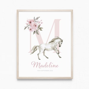 Caballo floral carta personalizada NOMBRE imprimible arte de pared decoración de la habitación de las niñas, cartel de nacimiento, nombre que significa impresión / descarga digital