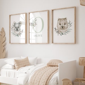 Arte de pared imprimible personalizado de animales australianos con hojas, juego de 3 (koala, wombat, guardería australiana), impresiones artísticas neutras / DESCARGA DIGITAL