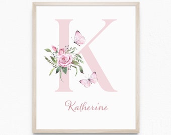 Butterfly Rose Pink Personalised Letter NAME Meaning Printable Wall Art Girls Room Decor | Birth Print | Digital Download