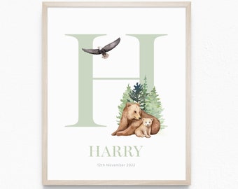 Into The Woods Bears Personalised Letter Name Printable Wall Art, Forest Animals Nursery Decor, Birth Print, Name Meaning, DIGITAL DOWNLOAD