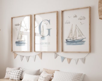 Personalised Nautical Sailboat Printable Wall Art, Set of 3, Nautical Nursery Art, Sailboat Nursery, Ocean Wall Art | DIGITAL DOWNLOAD