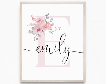 Soft Blush Floral Personalised Letter NAME Printable Wall Art Girls Room Decor, Birth Poster, Name Meaning Print | Digital Download