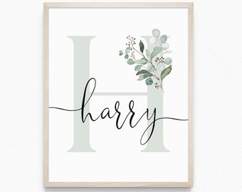 Soft Eucalyptus Leaf Personalised Letter NAME Printable Wall Art Kids Room Decor, Birth Poster, Name Meaning Print | Digital Download