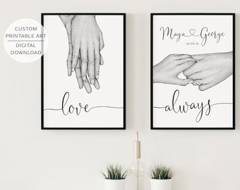 Personalised COUPLES Printable Wall Art, Romantic Holding Hands Print, Couple Hand Sketch, Couples Print, Anniversary Gift, Digital Download