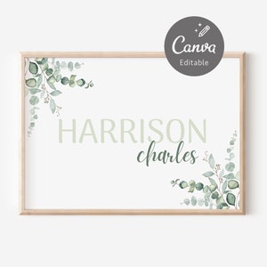 Editable Child Baby Name Template, Eucalyptus Nursery Canva Template, Baby Name Printable Wall Art, Digital Download | INSTANT DOWNLOAD