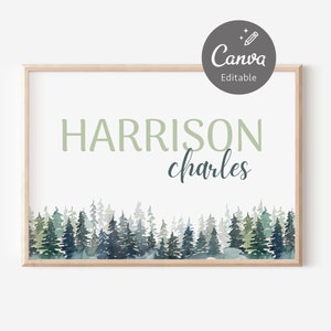 Editable Boy Baby Name Template, Pine Trees Nursery Canva Template, Baby Name Printable Wall Art, Digital Download | INSTANT DOWNLOAD