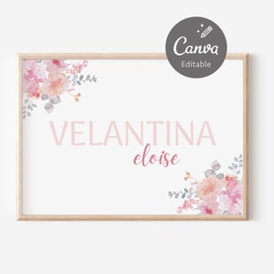 Editable Girl Baby Name Template, Blush Floral Nursery Canva Template, Baby Name Printable Wall Art, Digital Download | INSTANT DOWNLOAD