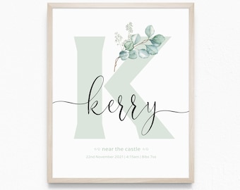 EUCALYPTUS Green Personalised Letter NAME MEANING Printable Wall Art Nursery Room Decor | Birth Print | Birth Details | Digital Download