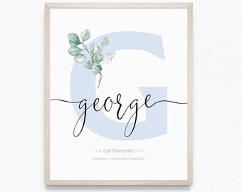 EUCALYPTUS Blue Personalised Letter NAME MEANING Printable Wall Art Boys Room Decor | Birth Print | Birth Details | Digital Download