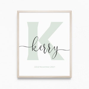 MODERNO Verde Personalizado Carta NOMBRE Imprimible Arte de pared Decoración de la habitación de la guardería / Impresión de nacimiento / Detalles del nacimiento / Significado del nacimiento / Descarga digital