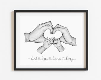 Personalised Family Printable Wall Art | Family Heart Hands, Hands Sketch, Watercolour Hands Art, Family Print | Digital Download