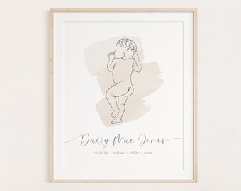 Baby Line Art Personalised BIRTH Poster Printable Wall Art, Girls Room Decor, Birth Stats Poster, Birth Stats Print | Digital Download