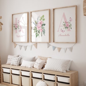 Mariposa Rosa Hermanas o Gemelas Nombre de carta personalizada Imprimible Niñas Arte de pared SET de TRES / Impresión de nacimiento / Descarga digital
