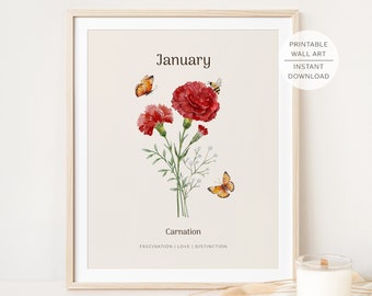 CARNATION January Birth Month Flower Printable Wall Art, Carnation Flower meaning, Watercolour Carnation Birth Flower | INSTANT DOWNLOAD