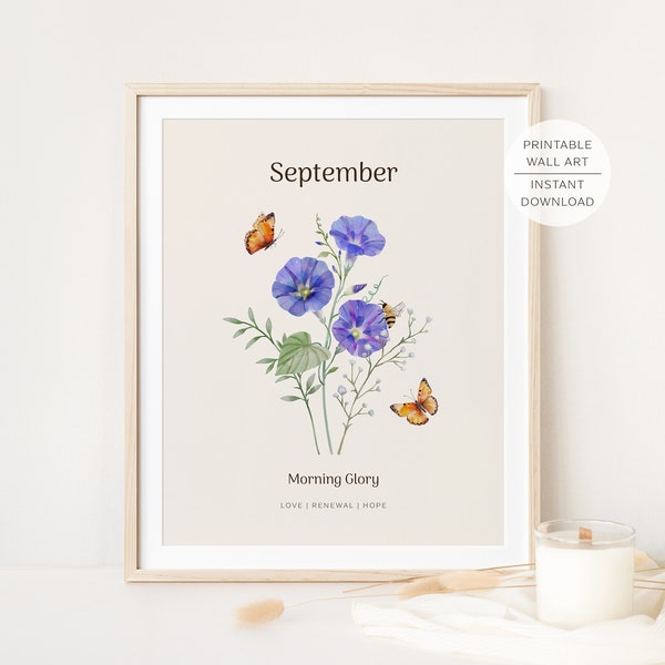 Morning Glory September Birth Month Flower Printable Wall Art, Morning Glory Flower meaning, Watercolour Birth Flower | INSTANT DOWNLOAD