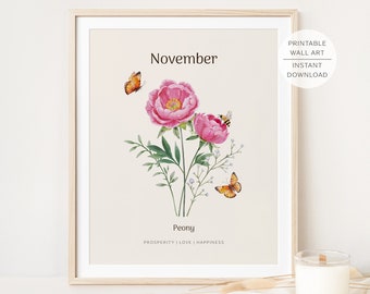 PEONY November Birth Month Flower Printable Wall Art, Peony Flower meaning, Peony Watercolour Birth Flower | INSTANT DOWNLOAD