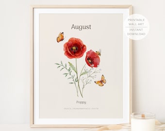 Arte de pared imprimible con la flor del mes de nacimiento de agosto de AMAPOLA, significado de la flor de nacimiento de amapola de agua, flor de nacimiento de acuarela / DESCARGA INSTANTÁNEA