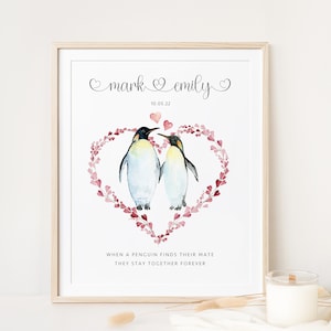 Arte de pared imprimible personalizado de pareja de pingüinos, impresión de parejas, regalo para ella, para él, regalo de aniversario, día de San Valentín / Descarga digital