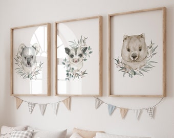 Leafy AUSTRALIAN Animals Printable Wall Art Set of 3, Koala, Wombat, Nursery Wall Art, Boys Room Art, Playroom, | INSTANT DOWNLOAD