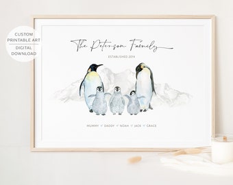 Personalised Penguin Family Printable Wall Art, Family Print, Gift for Mum, Family Gift, Mothers Day Gift, Digital Download