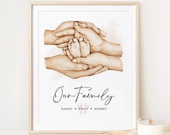 Personalised Baby Printable Wall Art | Parents Hands Holding Baby Feet, Baby Loss, Angel Baby, Family Print, Birth Poster | Digital Download