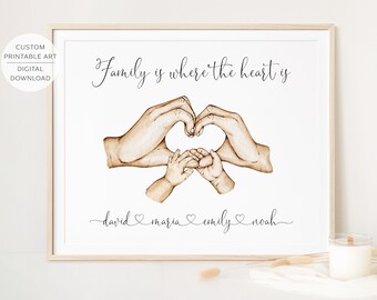 Personalised Family Printable Wall Art, Family Heart Hands, Hands Sketch, Watercolour Hands Art, Family Print, Digital Download
