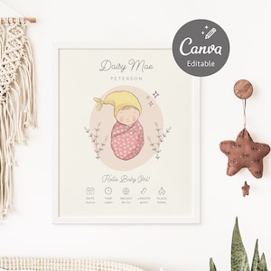 Plantilla editable de póster de bebé Sweet Pea en Canva, impresión de estadísticas de nacimiento, arte imprimible para guardería, arte personalizado para bebé, regalo para bebé DIY / DESCARGA INSTANTÁNEA