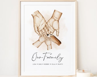Personalised Family Portrait Printable Wall Art | Family Holding Hands Sketch, Family and Pet Portrait, Family Gift | Digital Download