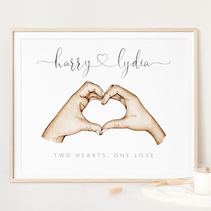 Arte de pared imprimible personalizado para parejas / Arte de manos de pareja con forma de corazón, Impresión de manos de pareja, Impresión de aniversario / Descarga digital