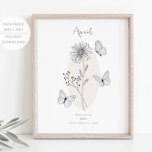 April Birth Flower DAISY Printable Wall Art | Daisy Flower meaning | Modern Minimalist Line Art | Instant Download