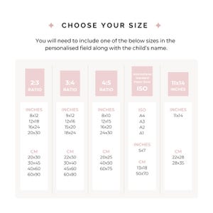 May include: A pink and white chart with size options for personalized prints. The chart includes sizes in inches and centimeters, such as 8x12 inches (20x30 cm) and 11x14 inches (28x35 cm), along with ISO paper sizes.