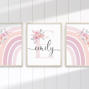 Soft Blush Floral Rainbow Personalised Letter Name Printable Girls Wall Art SET of THREE Birth Print Name Meaning Digital Download image 6