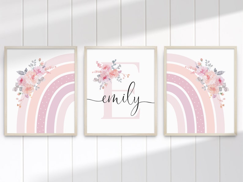 Soft Blush Floral Rainbow Personalised Letter Name Printable Girls Wall Art SET of THREE Birth Print Name Meaning Digital Download image 6