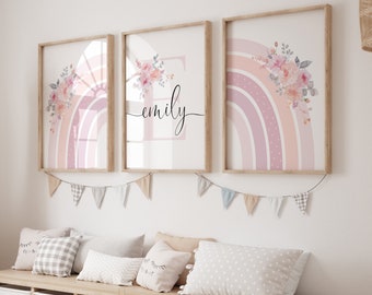 Soft Blush Floral Rainbow Personalised Letter Name Printable Girls Wall Art SET of 3 | Birth Print | Name Meaning SBF23 | Digital Download