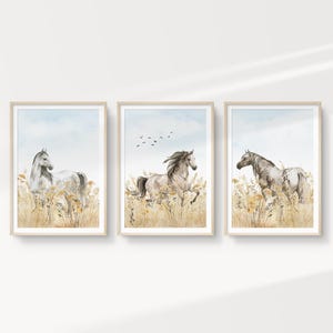 Wild Horses Wildflowers Meadow Printable Wall Art Set of 3, Horse Prints, Brumbies Art, Herd Mustangs Prints | CLSA24 | INSTANT DOWNLOAD