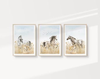 Wild Horses Wildflowers Meadow Printable Wall Art Set of 3, Horse Prints, Brumbies Art, Herd Mustangs Prints | CLSA24 | INSTANT DOWNLOAD