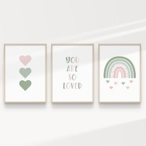 You Are So Loved Set of 3 Pink Printable Wall Art, Rainbow Hearts Print Sage, Nursery Wall Art, Girls Room, Playroom BHYA3 INSTANT DOWNLOAD
